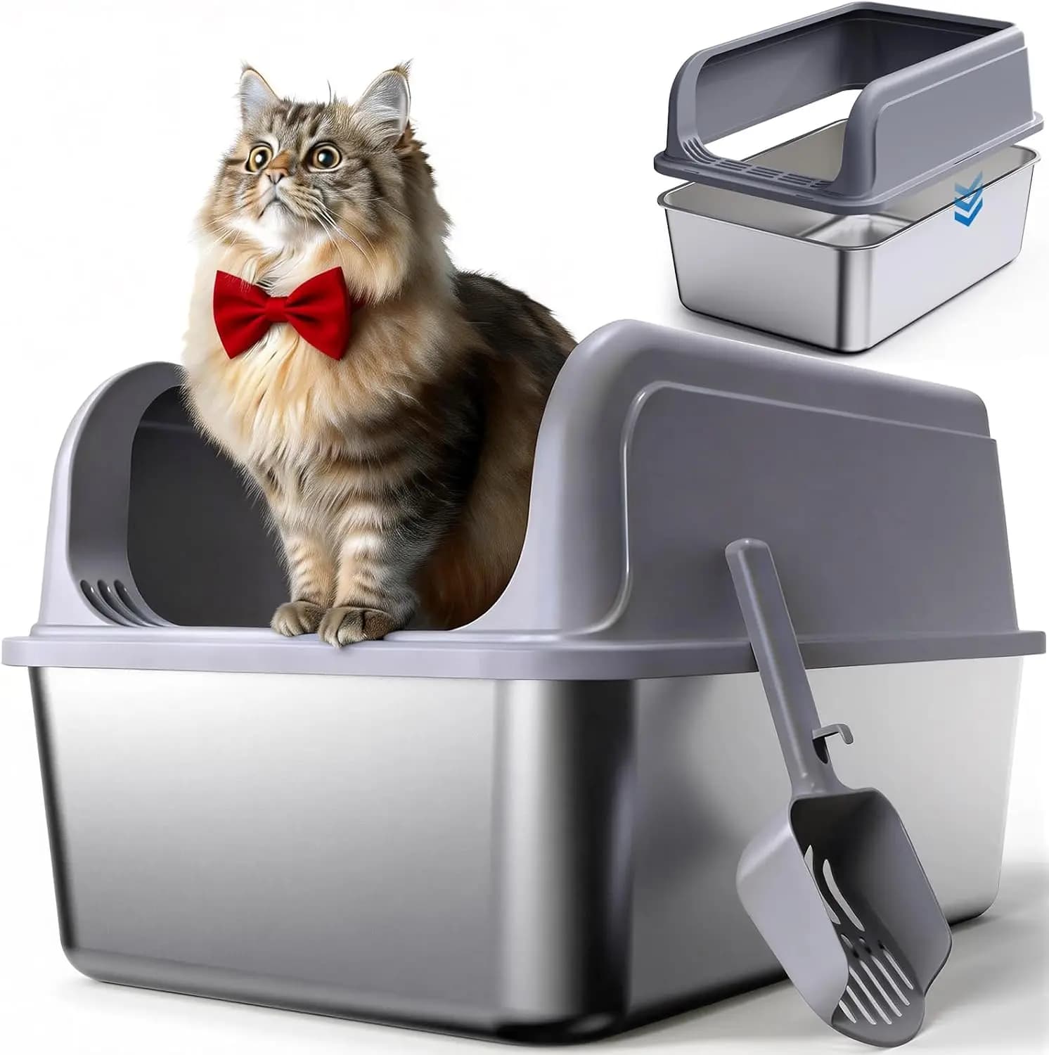 Lettiera per Gatti in Acciaio Inossidabile, con Bordi Alti, Anti-Perdita, Facile da Pulire, Grigia, M