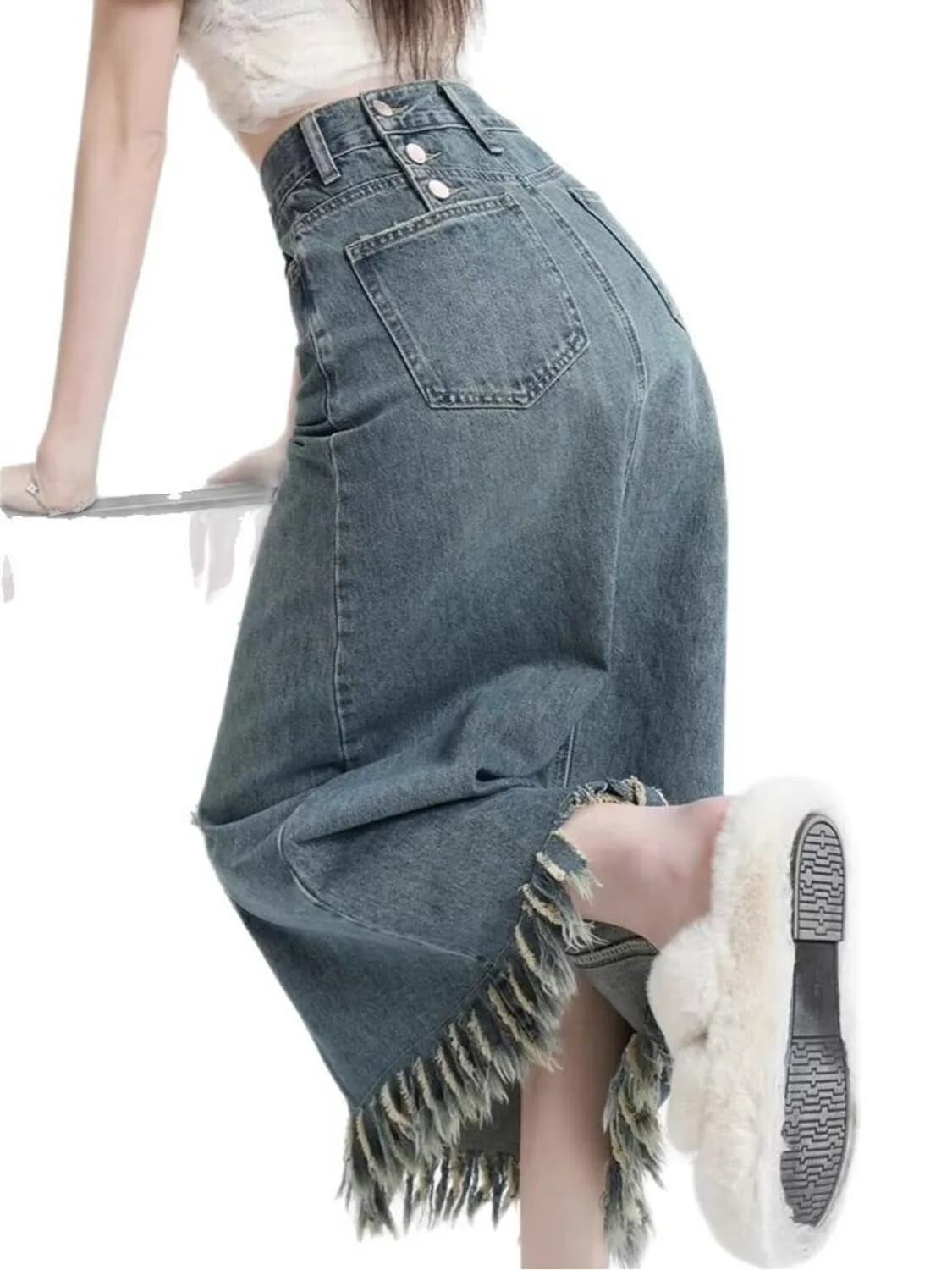 Minigonna in denim lavato vintage a vita alta da donna con pantaloncini integrati e spacco laterale