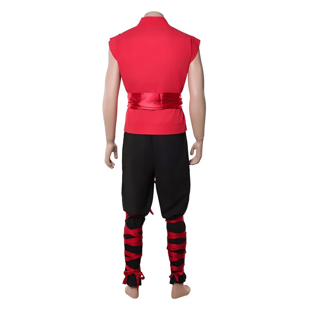 Costume da Cosplay Liu Kang, Abito Rosso, Gioco Mortal Kombat 2, per Adulti, Top, Pantaloni, Cintura, Abbigliamento per Halloween e Feste in Maschera