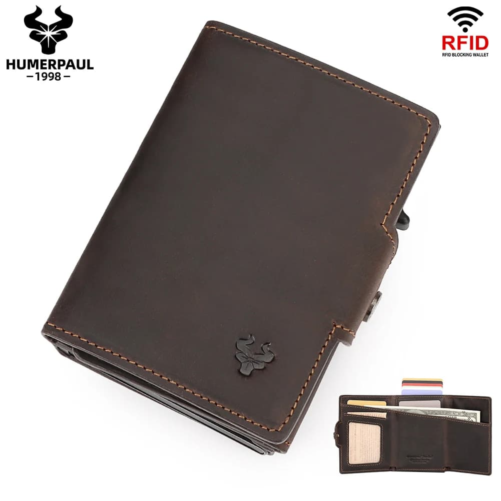 Porta carte di credito pop-up in pelle pieno fiore HUMERPAUL con protezione RFID Portafoglio automatico in alluminio con scomparto per banconote