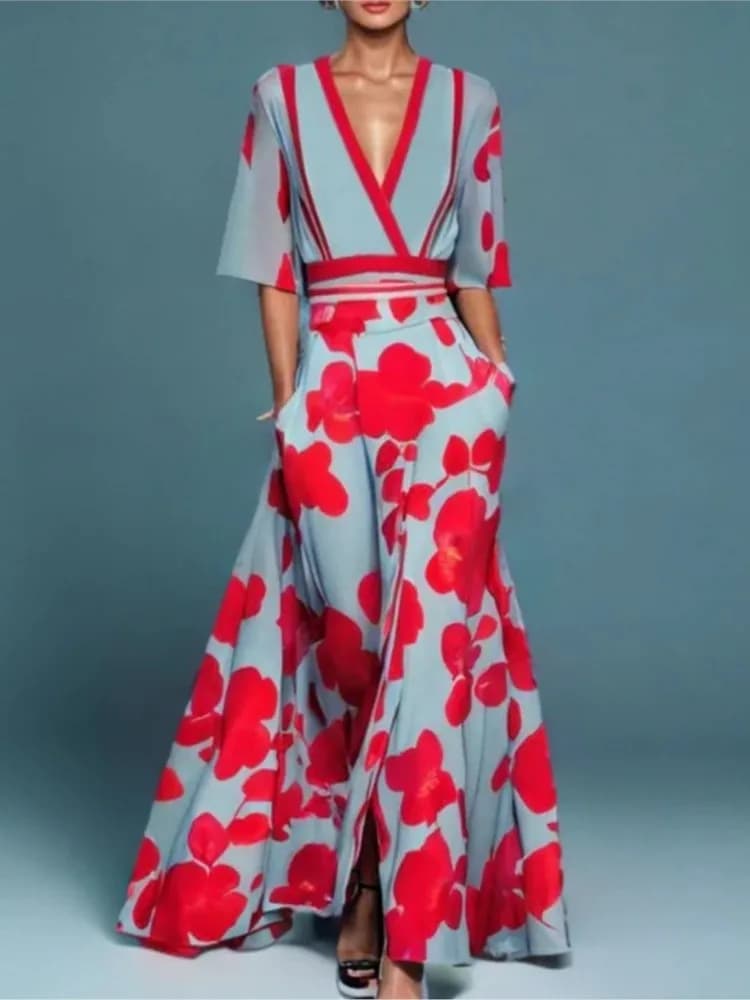 Moda donna 2025 Primavera scollo a V con cintura abito lungo da festa stampa sexy A-Line Boho abito estivo manica corta tasca maxi abiti