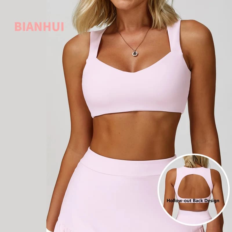 BIANHUI Sporty bra Pink Woman Nude Feel Fitness Racing Double Shoulder Strap Excavating Beauty Back Sports Bra Woman Top