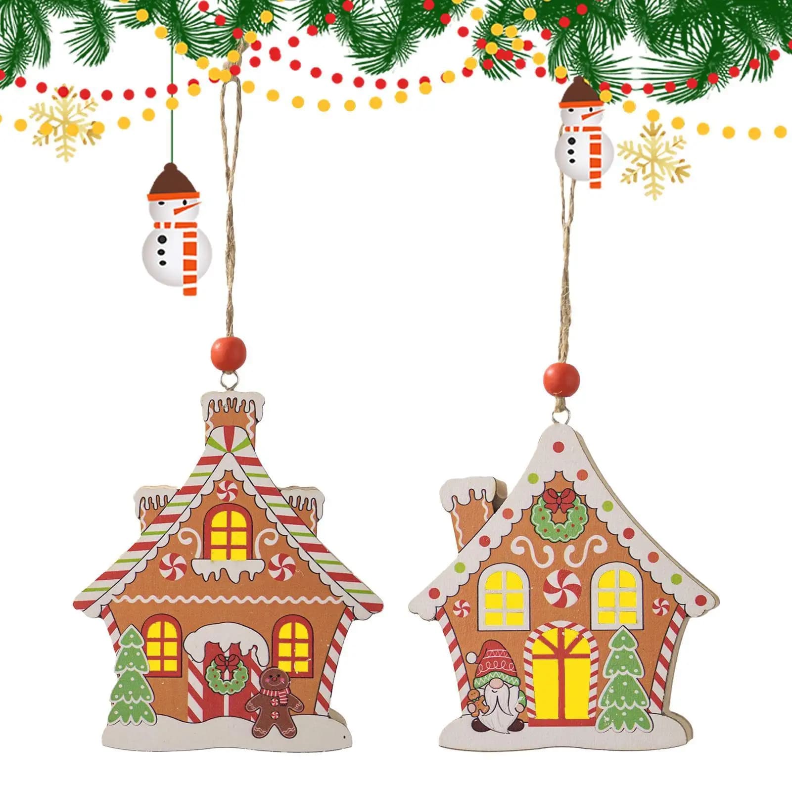 Decorazioni natalizie Ciondolo in legno da 2 pezzi con luce Casa di pan di zenzero Decorazioni natalizie per la parete del camino della finestra della maniglia della porta