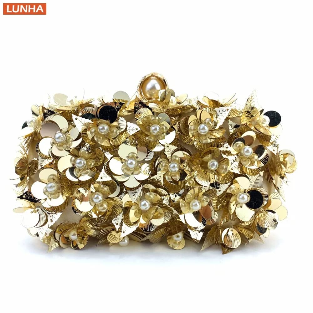 Pochette da donna di lusso con perle, borsa a tracolla con catena, paillettes floreali sfumate, borse da sera fatte a mano per eventi di feste da donna