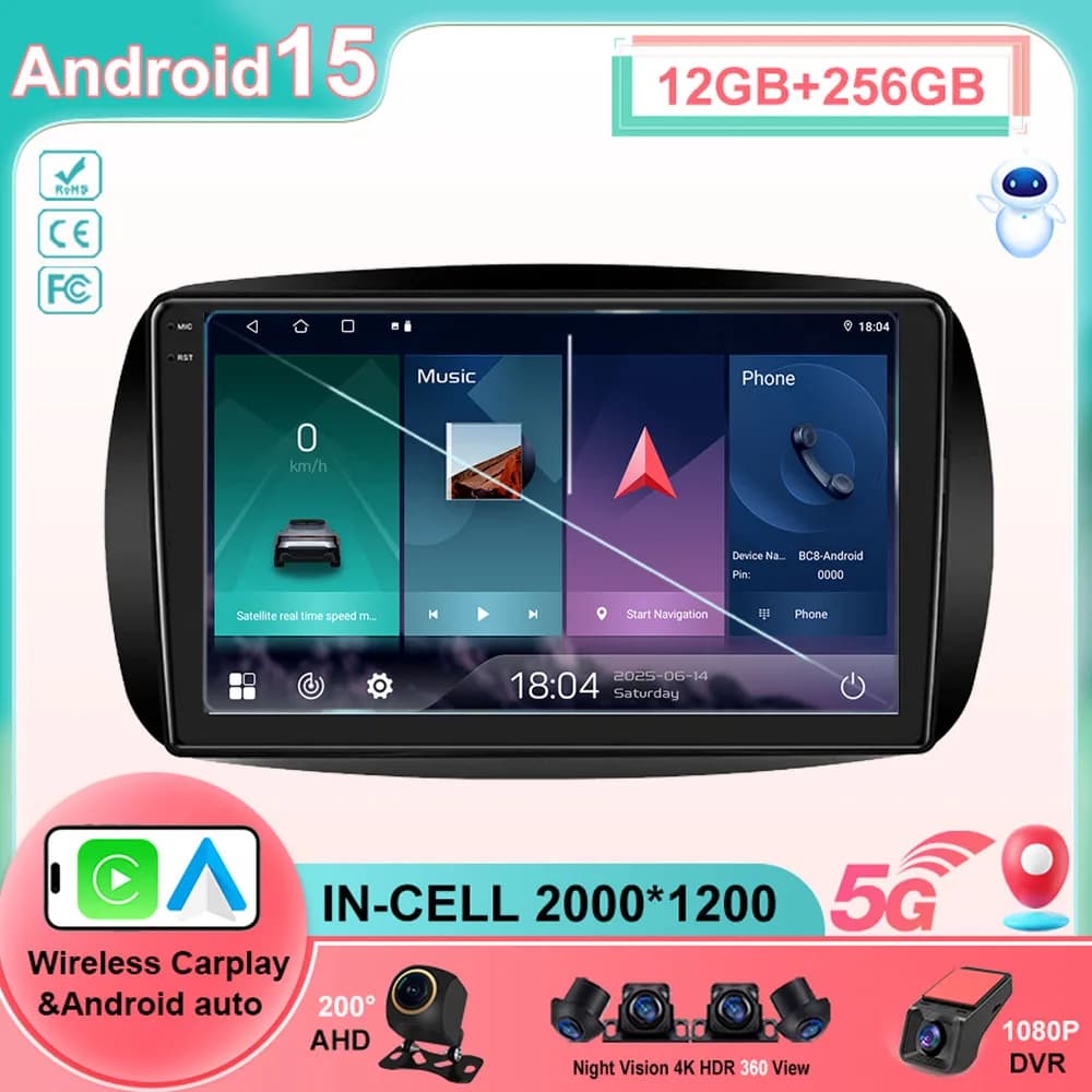 For Mercedes Benz Smart 453 For two 2014 - 2016 Car Radio Android 15 Carplay Autoradio Multimedia Player QLED Stereo Headunit