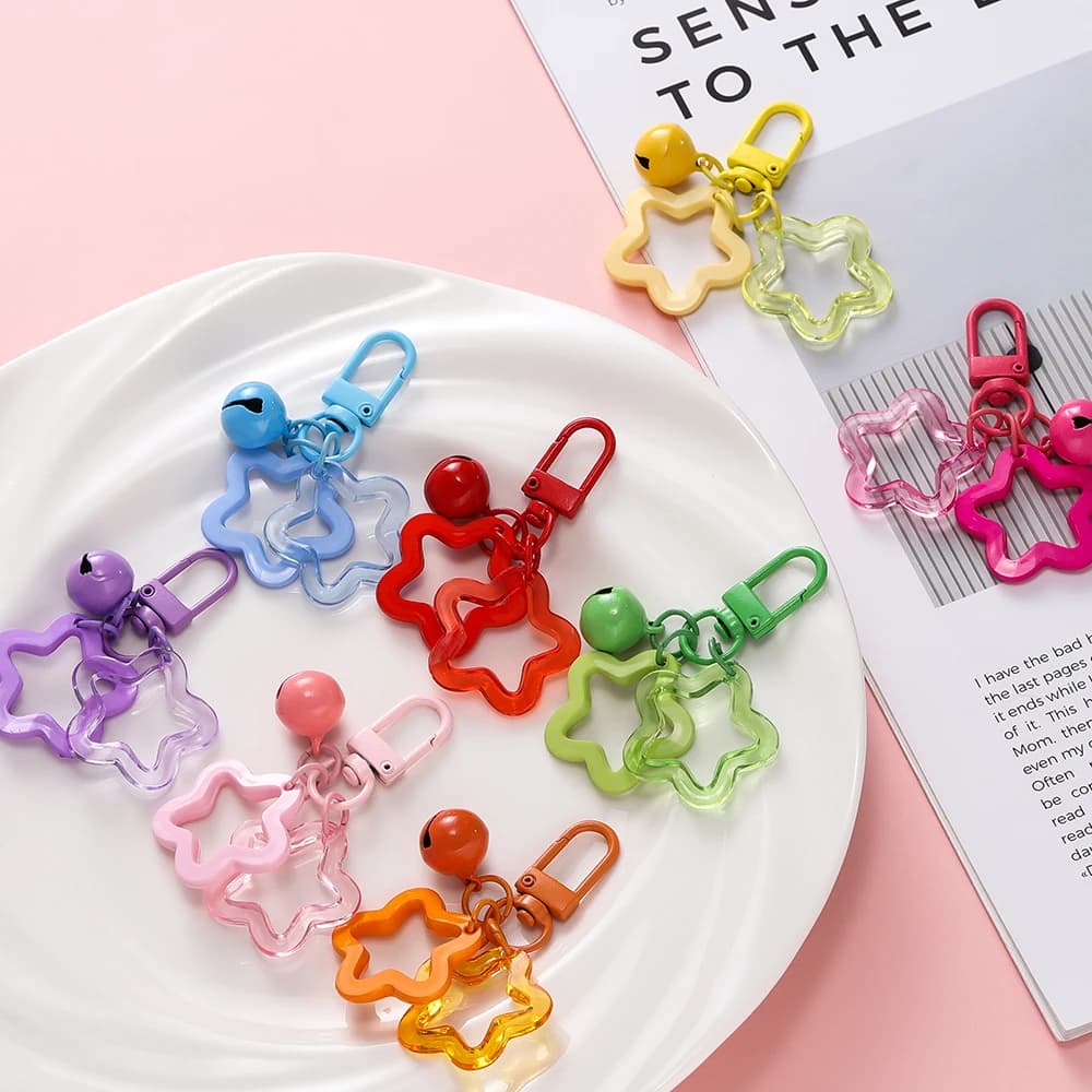 1 piece acrylic star keychain with small pendants with bell-shaped cable pentagram for jewelry accessories with pendants for gift phone