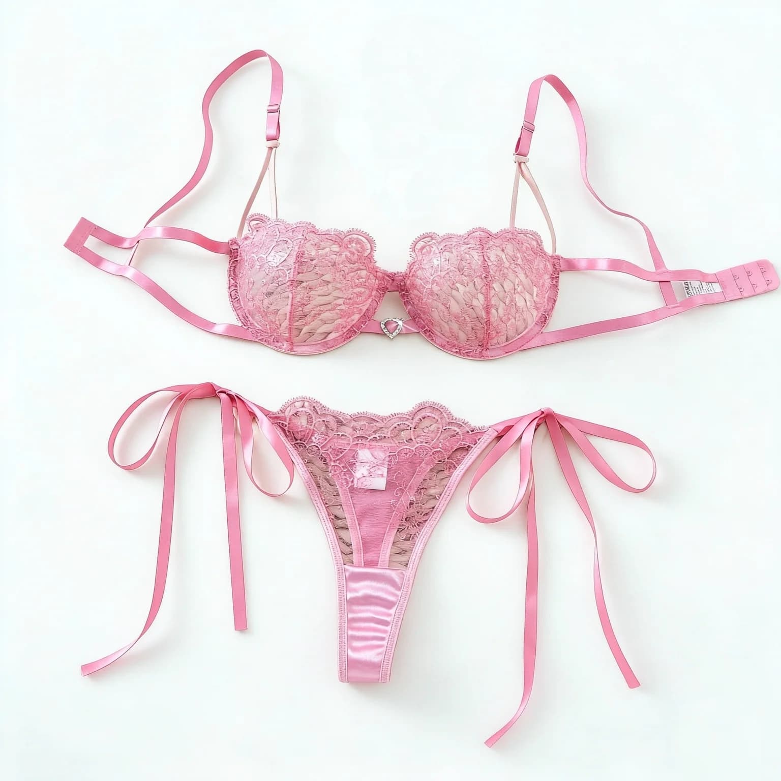 Women Pink Floral Lace Lingerie Set Underwire Push‑up Bra Side Straps Bow Tie Thong Satin Intimate Underwear ZA825201