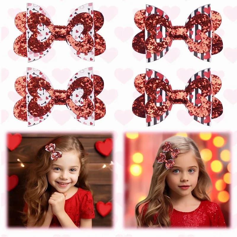 24pc/lot 3" Glitter Sequin Bow Hair Clips Baby Red Color Bow Hairpins Girls Heart Prints Bow Barrettes Valentine's Day Headwear
