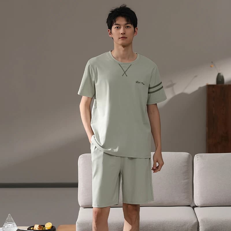 MiiOW 2 Piece Set Pajamas for Men 100% Cotton Summer Men's Short-sleeve Shorts Sleepwear Leisure Teenager Nightwear Loungewear