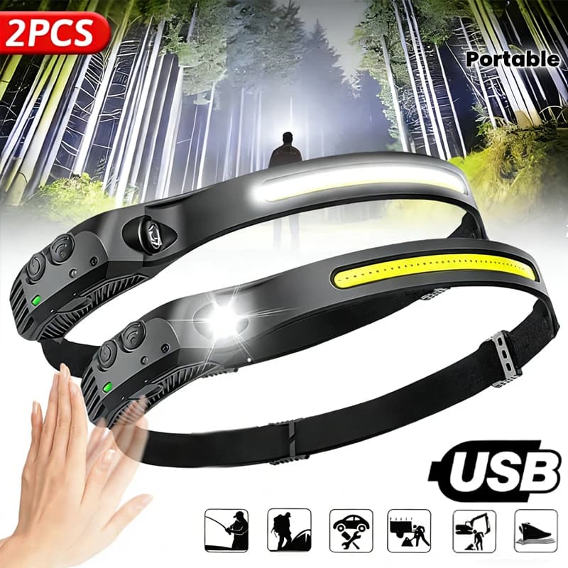 Lampada Frontale LED con Sensore, Batteria Integrata, Ricaricabile USB, Torcia COB per Campeggio, Pesca e Ricerca