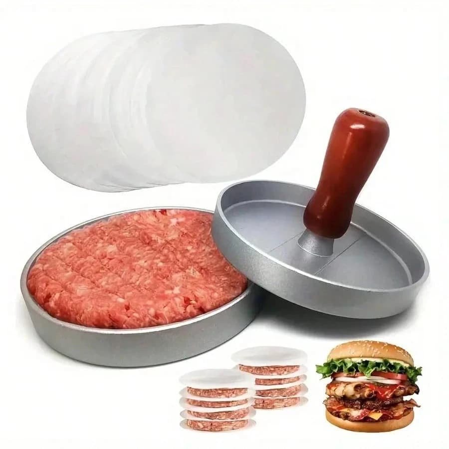 Pressa per Hamburger Antiaderente con Carta Cerata, Stampino per Hamburger in Alluminio per Cucina e Barbecue