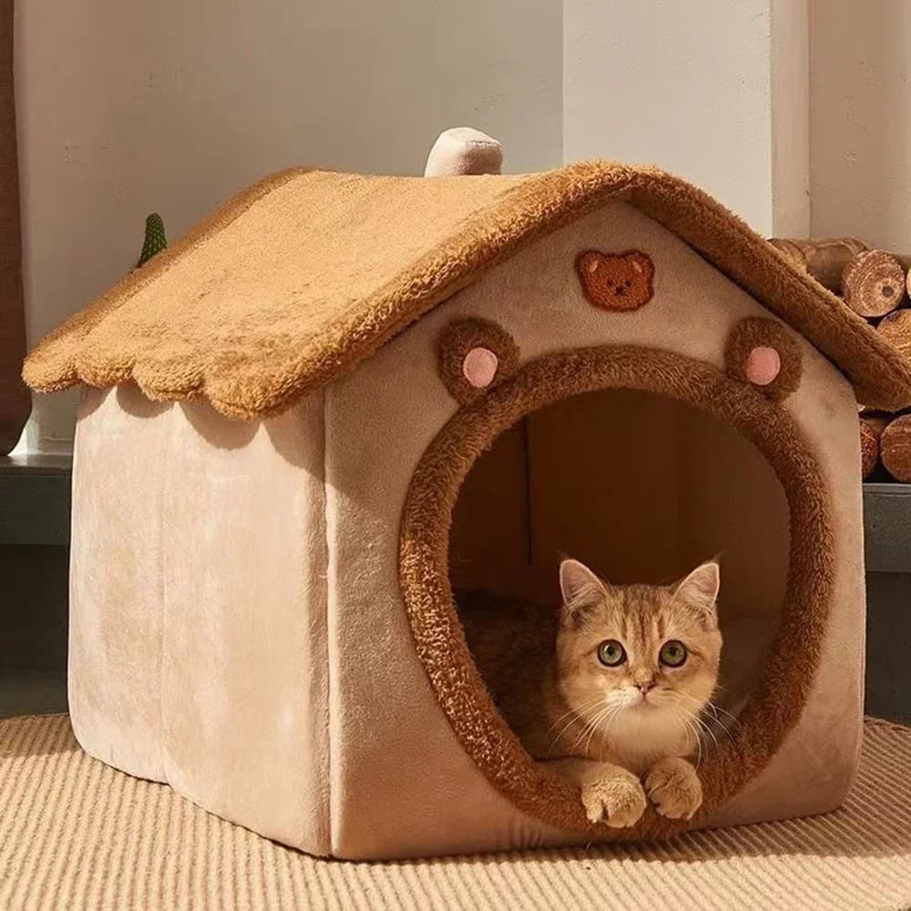 Cuccia per Animali Domestici Chiusa per Tutte le Stagioni, Letto per Cani e Gatti Avvolgente in Stile Orsacchiotto Marrone, Accessori per Animali