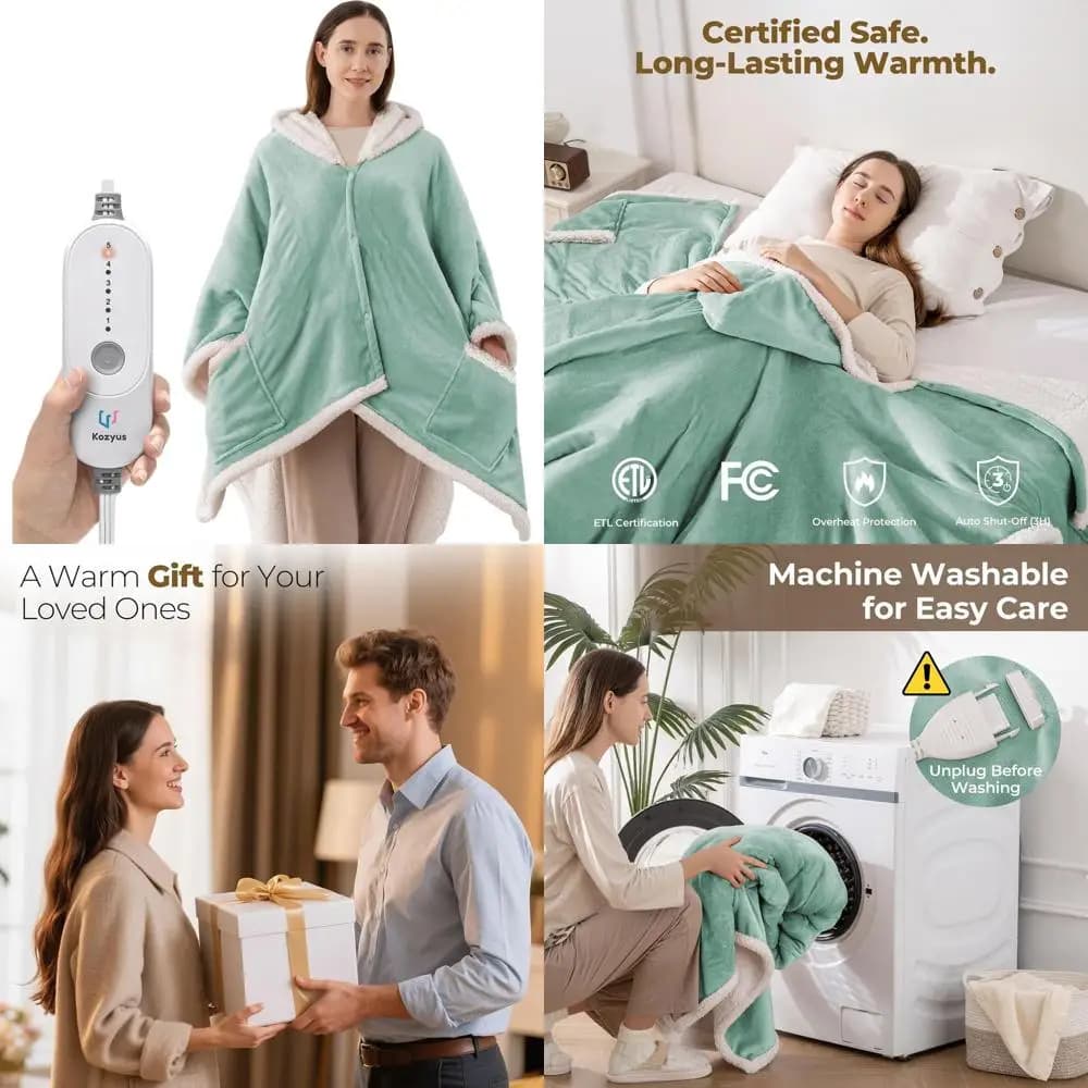 Coperta riscaldata con cappuccio e tasche, 5 impostazioni, spegnimento automatico 3H, lavabile, certificata, unisex, verde chiaro