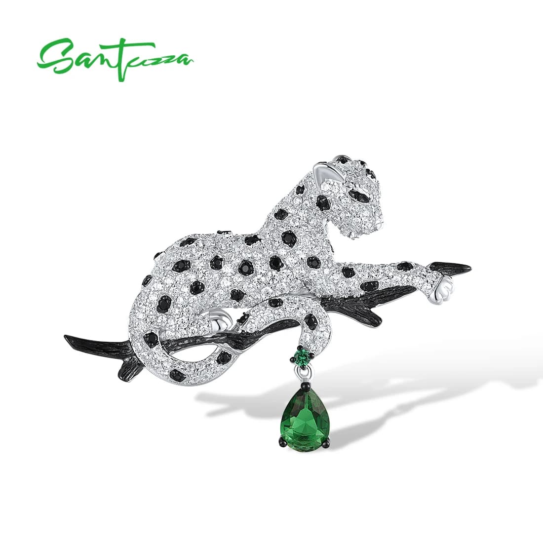SANTUZZA Authentic 925 Silver Brooch For Women Shiny White Black Leopard Wild Animal Daily Wearring Dlicate Gifts Fine Jewelry