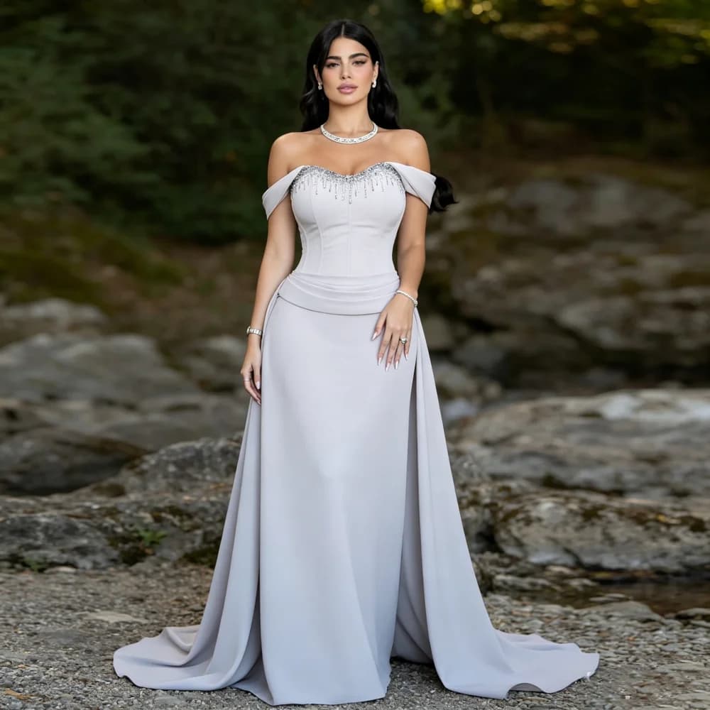 Customized Jersey Beading Sweetheart Neck Off-the-shoulder Straight Evening Dresses Sleeveless Backless Floor Length Prom Gown