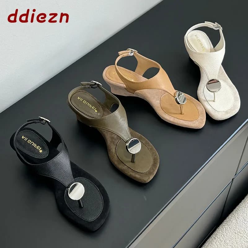 Nuovi Sandali Donna Eleganti in Metallo 2026, Infradito con Zeppa, Scarpe Femminili con Cinturino alla Caviglia, Tacchi da Donna