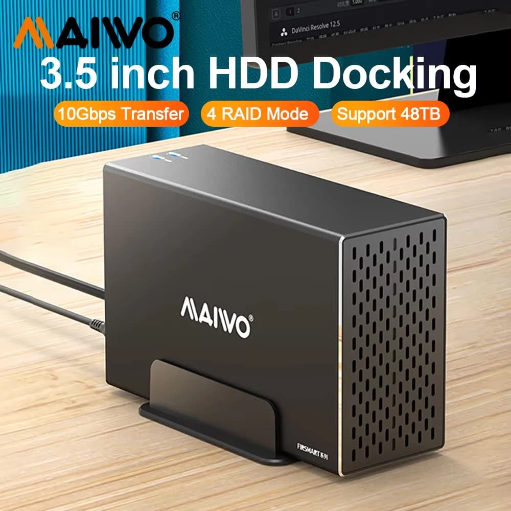 MAIWO Custodia per disco rigido esterno Dual Bay da 10 Gbps da 3,5 pollici USB 3.1 Tipo-C HD Array Box per custodia HDD da 2,5/3,5 pollici con RAID
