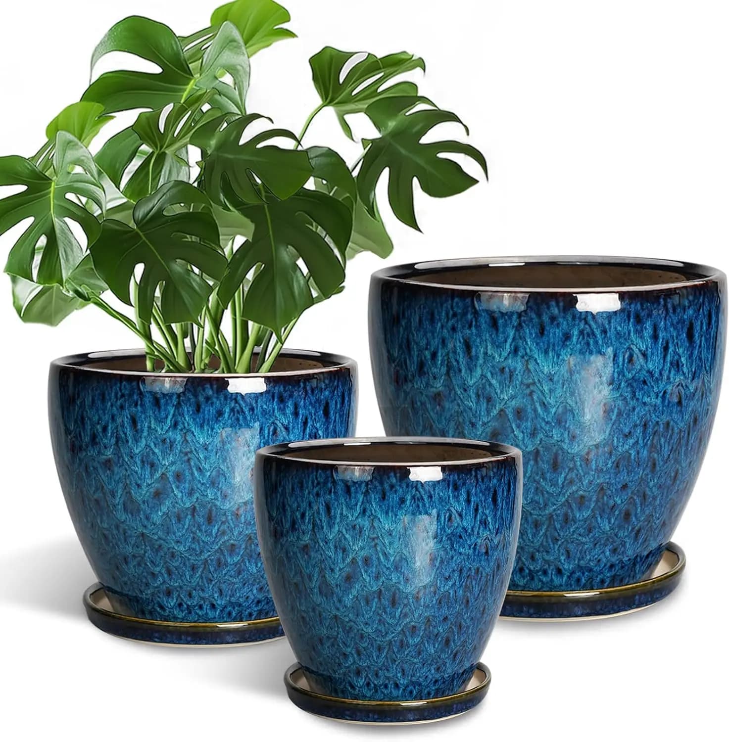 Vasi per Piante da Interno, Set di 3 Vasi in Ceramica con Fori di Drenaggio e Sottovasi, 10+8+6 Pollici, Grandi Vasi Rotondi per Fiori