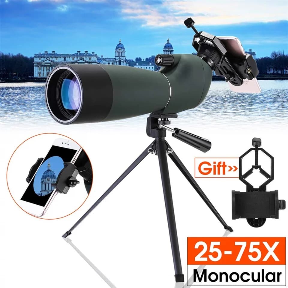 Bird Watching Monoculare 25-75X70 Zoom BAK4 Telescopio Cannocchiale impermeabile Binocolo con treppiede Supporto per telefono Ottica da caccia
