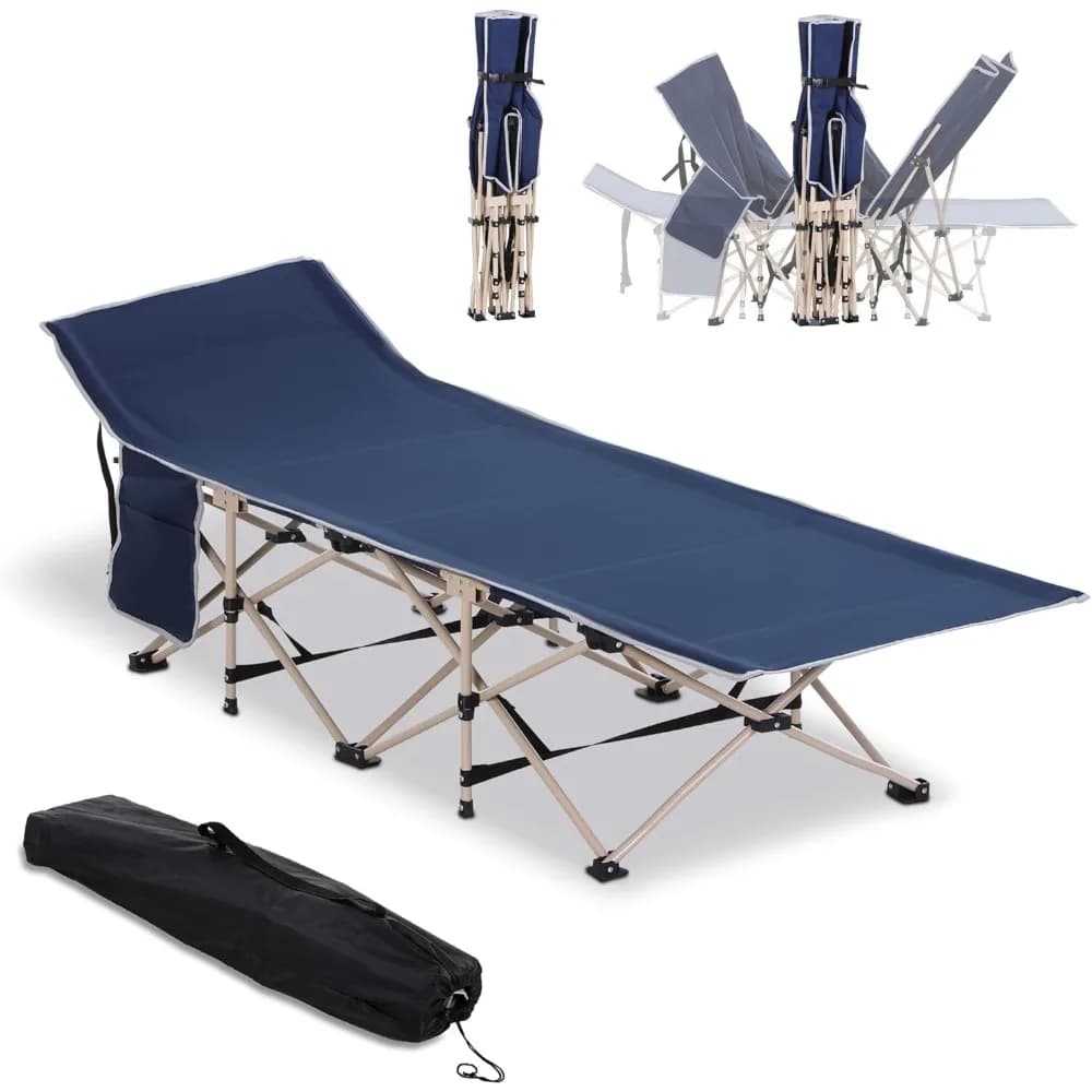 Adult folding camping cot with carrying bag, side pocket, outdoor portable cot for travel, camping, holidays