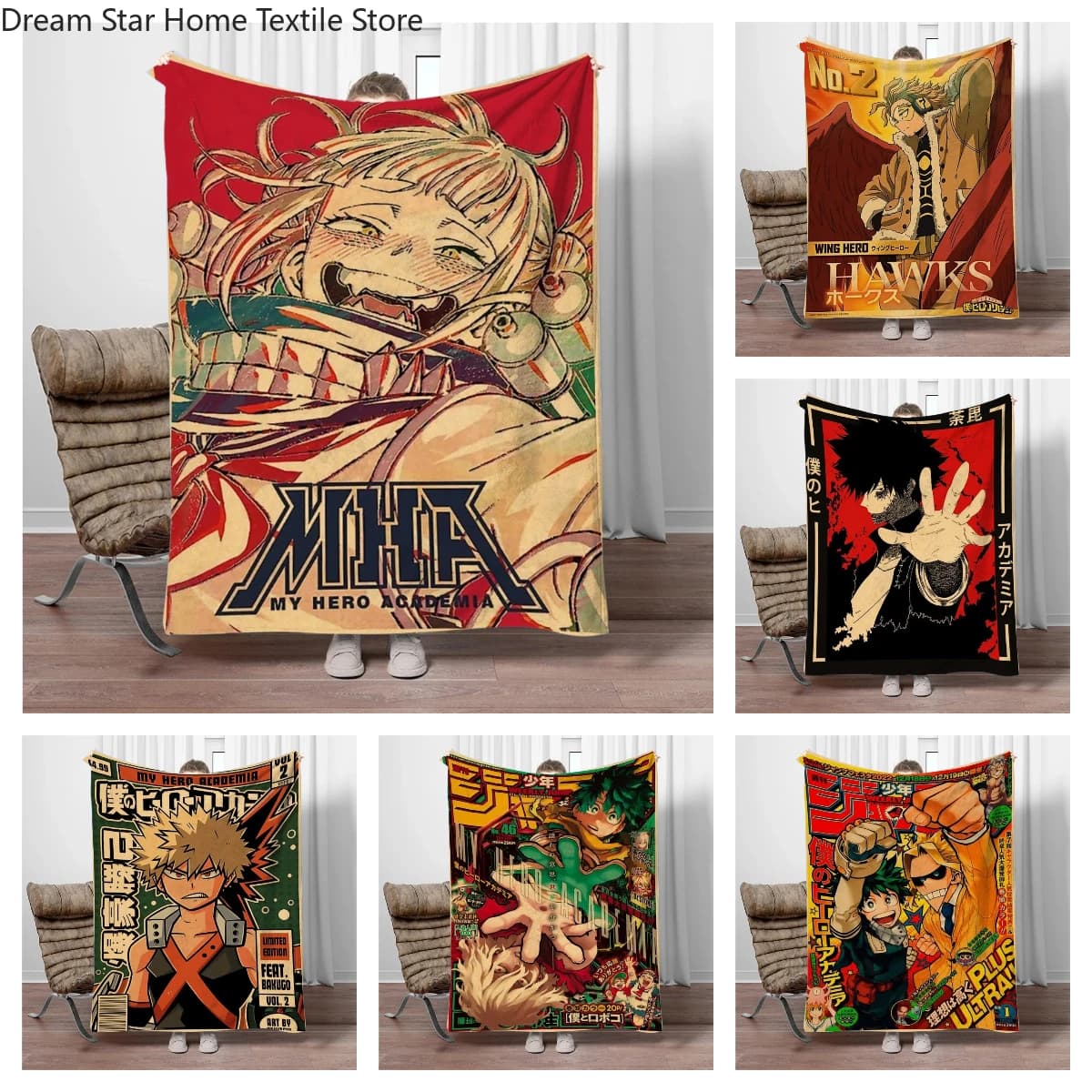 Coperta in flanella stampata in 3D vintage M-My-Hero-Academia, per soggiorno, divano, letto, campeggio, picnic, coperta calda, regali per le vacanze