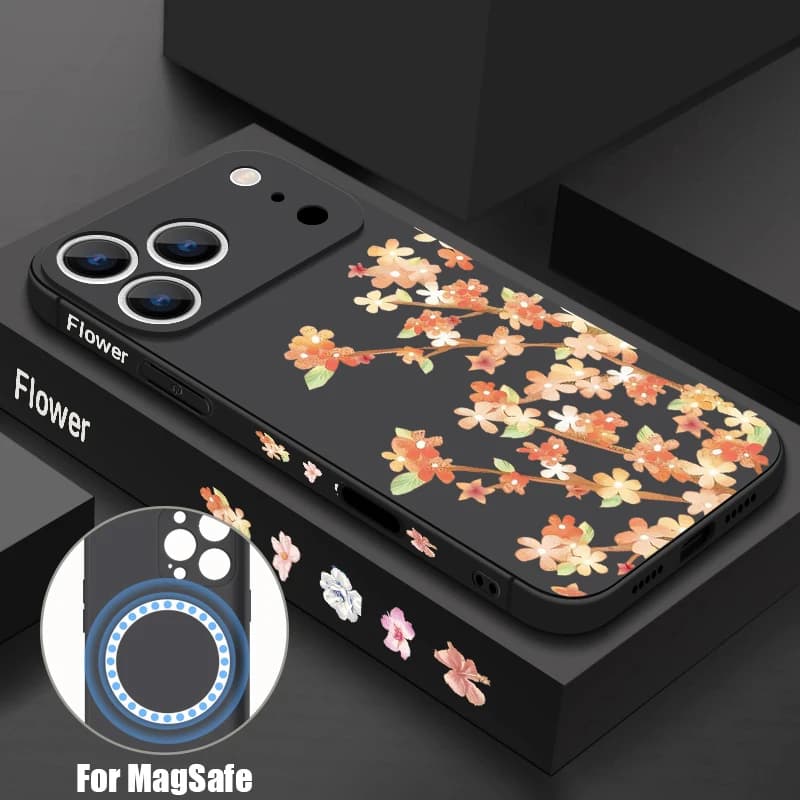 Floral Case with Orange Flowers for iPhone 17 Pro Max Magnetic for Magsafe Cover Soft for iPhone 16 Pro Max 15 14 13 12 11 16E Air