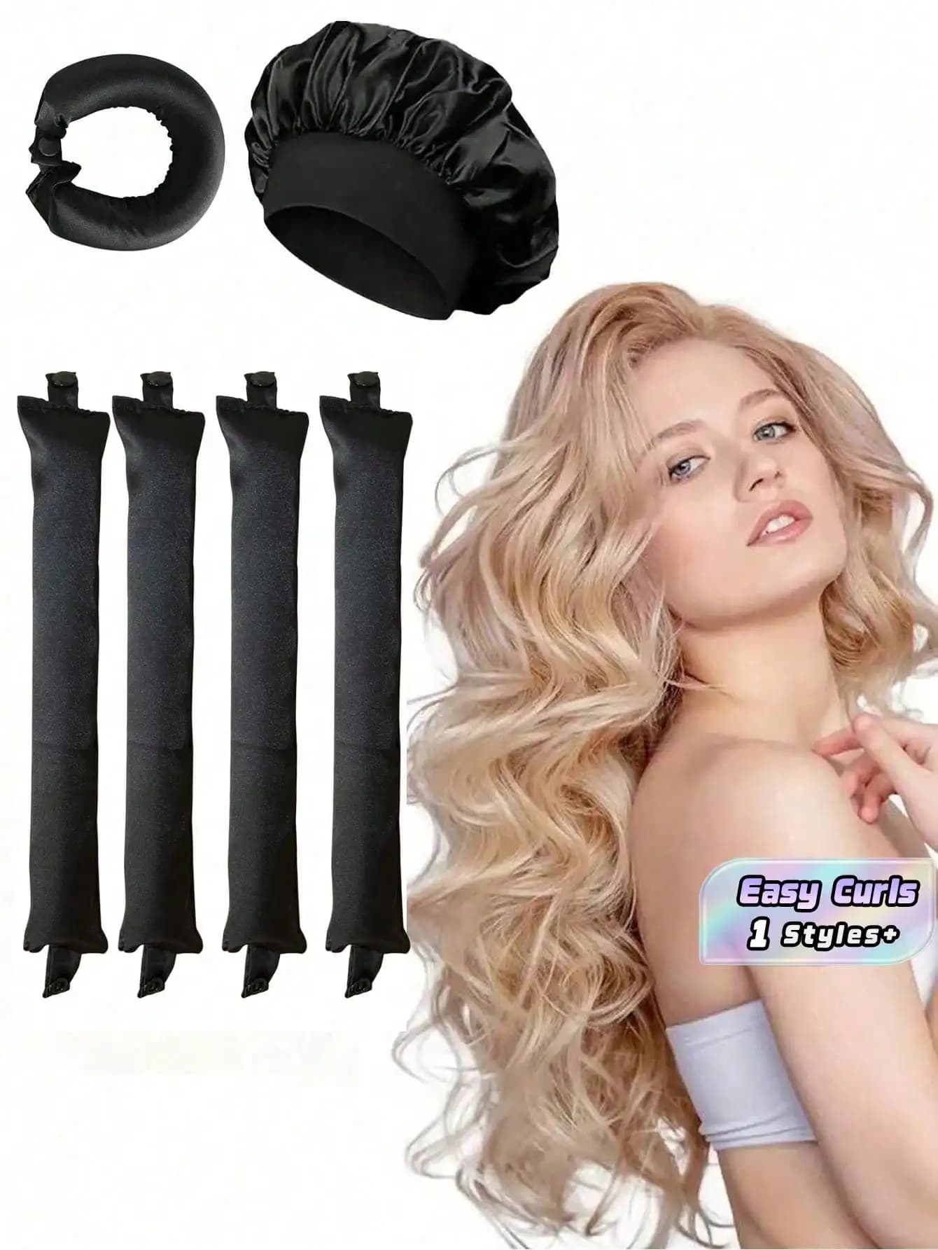 3/4/5Pcs Black Heatless Hair Curler Set - Silk Sleep Rollers For Overnight Styling, No Heat Soft Curling Tool For Long Hair, Slouchy Curl Maker For Women, Romantic Gift