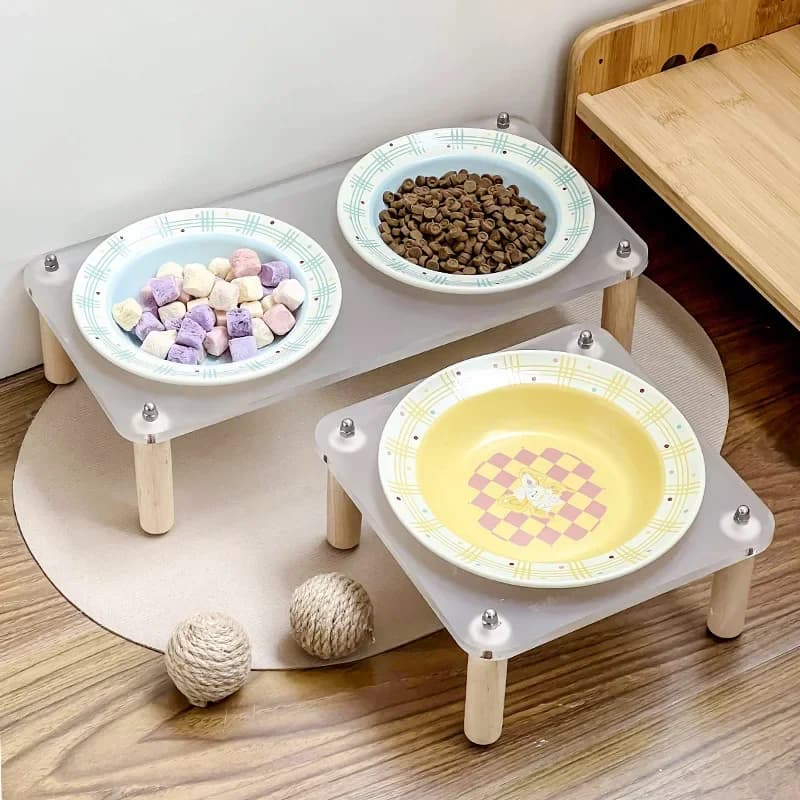 Cat Ceramic Bowl Elevated Small Dogs Food Water Dining-table Pet Double Bowls with Acrylic Stand Puppy Drinking Eating Supplies