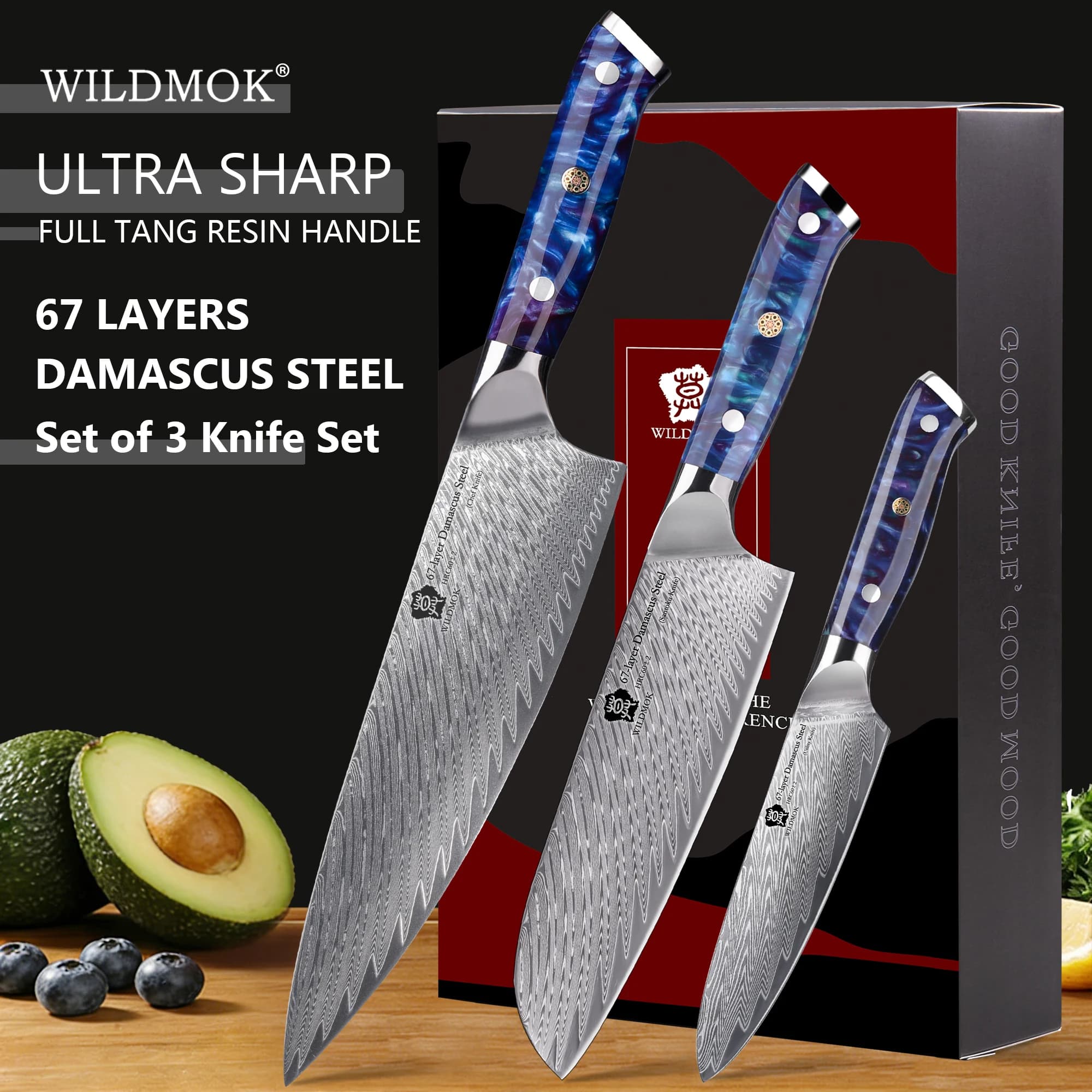 WILDMOK Set di 3 Coltelli da Cucina in Acciaio Damascato Giapponese VG10 a 67 Strati con Manico in Resina Blu, Utensili Professionali per Cucinare