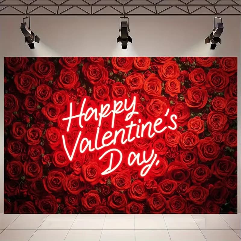 1PCS Digital Print Tapestry, Valentine's Day Neon Sign Red Rose Flower Wall Background, Romantic Glowing Red Floral Style for Be