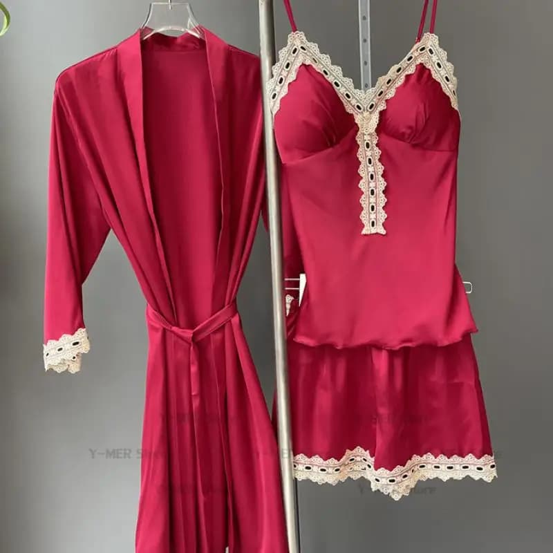 Pigiama sexy 3 pezzi Top con cinturino Pantaloncini Abito Lingerie da donna Morbido Rayon Homewear Kimono corto Abito in raso Camicia da notte femminile Pigiama