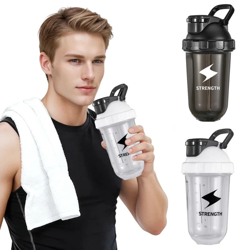 Portable Protein Shaker Bottle Plastic Sports Water Cup with Mixer Ball Leakproof Flip Lid Handle Water Bottle for Gym Fitness