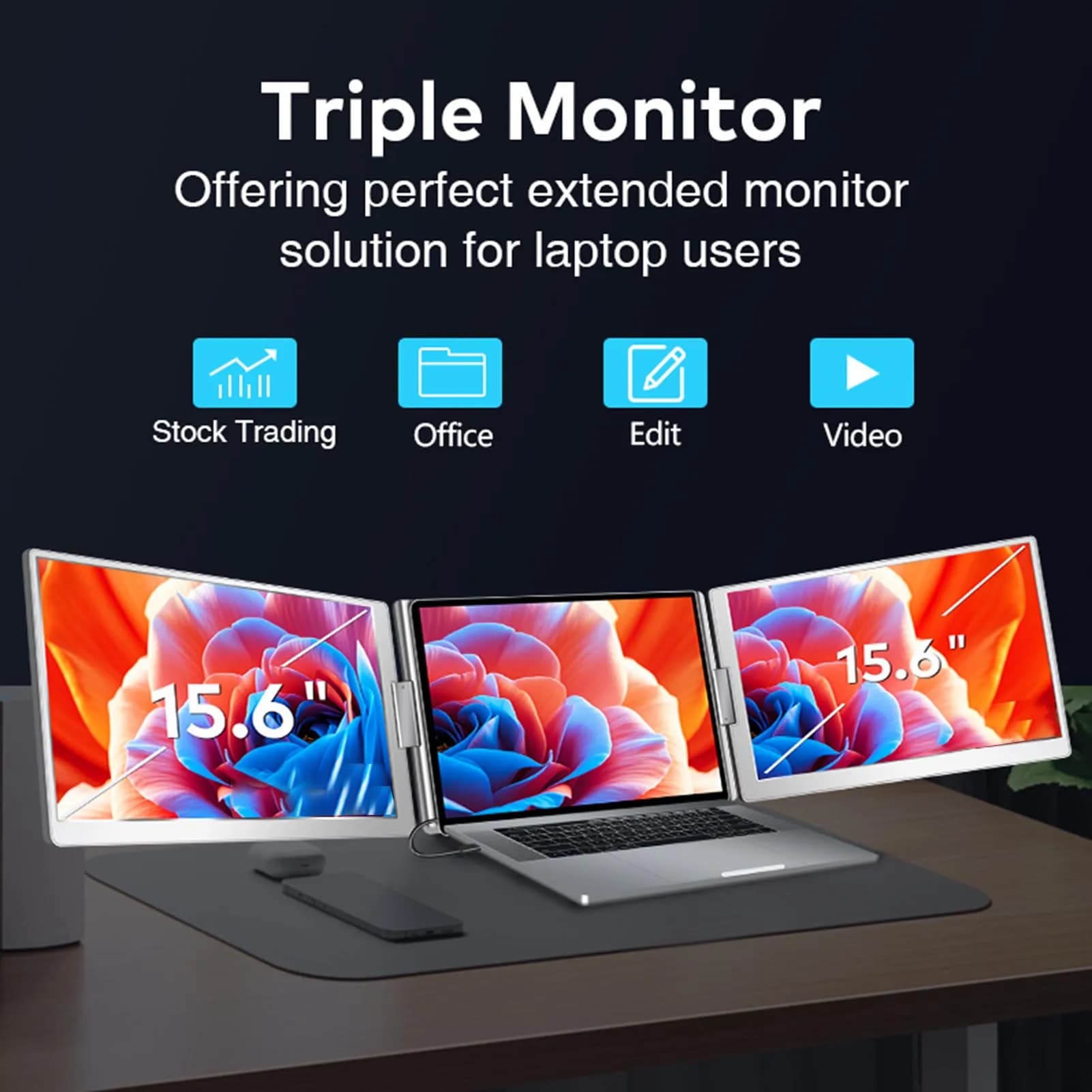 Estensore per schermo triplo per laptop Display da 15,6 pollici Monitor portatili a doppio schermo Estensore per schermo regolabile per laptop da 12"-18,5"
