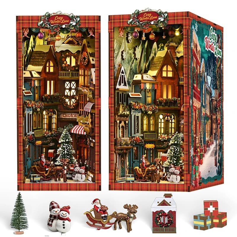 NEW DIY Book Nook Wooden Miniature Model Kits Christmas Street Corner Bookend 3D Puzzle with Light Bookshelf for Friends Gifts