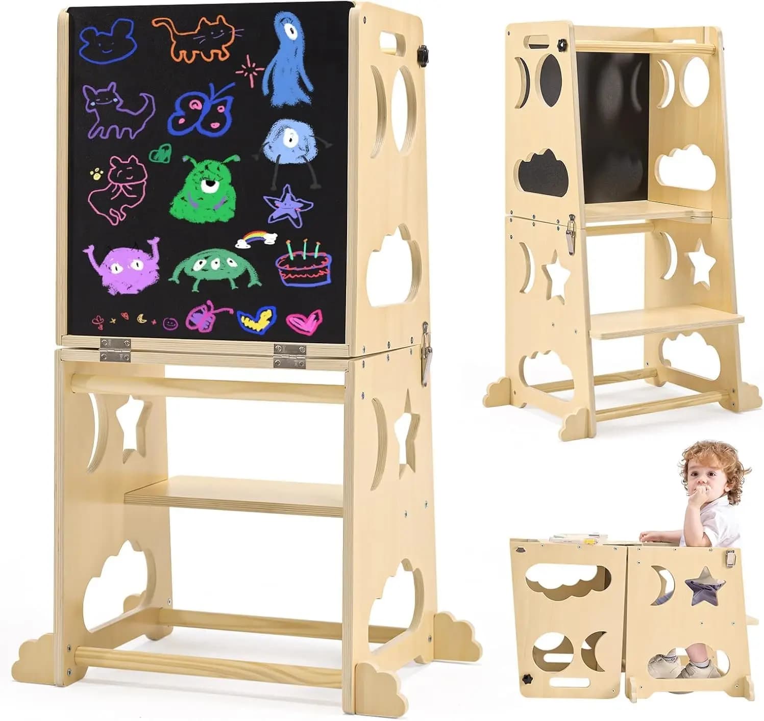 Torre da cucina pieghevole per bambini, ausilio da cucina Montessori per bambini con binario di sicurezza, sgabello regolabile per torre di apprendimento in legno per bambini