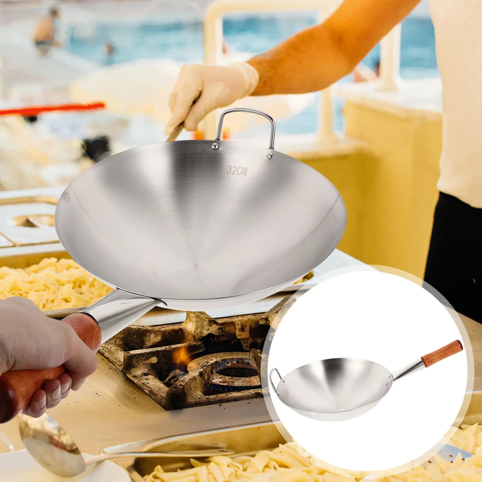 Padella Antiaderente in Acciaio Inox con Manico Singolo, Utensile da Cucina per Campeggio