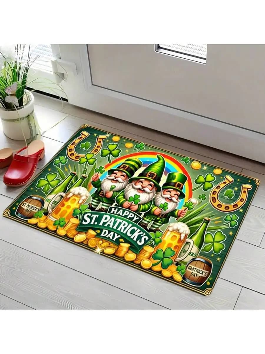 St Patricks Day Door Mat With Leprechaun Shamrock Rainbow Horseshoe Design Non-Slip Machine Washable Polyester Mat