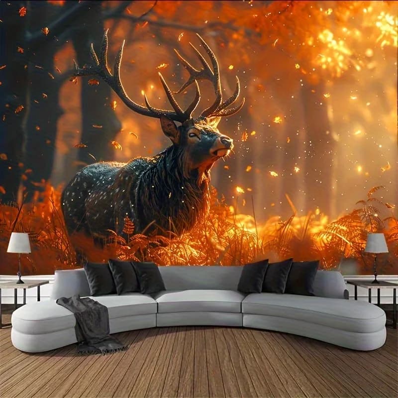 Golden Forest Elk Tapestry - Soft Polyester Wall Hanging with Majestic Deer & Autumn Leaves Design, Horizontal Orientation for L
