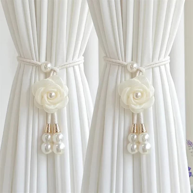 Set di 2 fermatende per tende con perle a forma di camelia | Eleganti fermagli per tende in stile francese | Fermagli Decorativi per Tende Senza Foratura