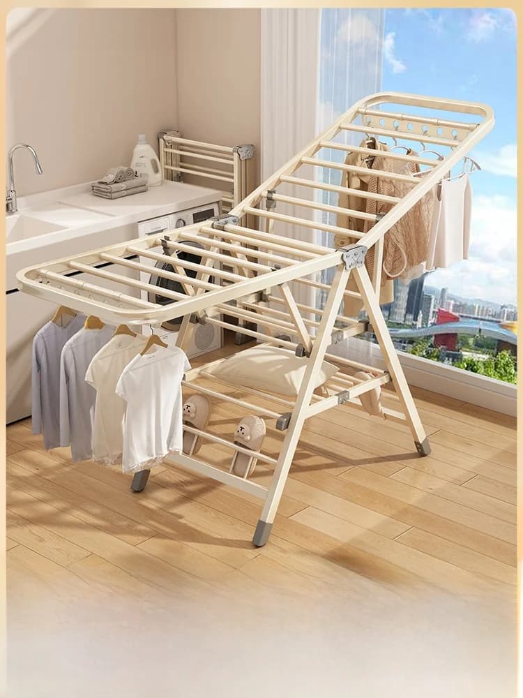 Stendibiancheria Bianco da Terra per Interni, Semplice Stendino da Balcone per Uso Domestico in Ferro per Soggiorno