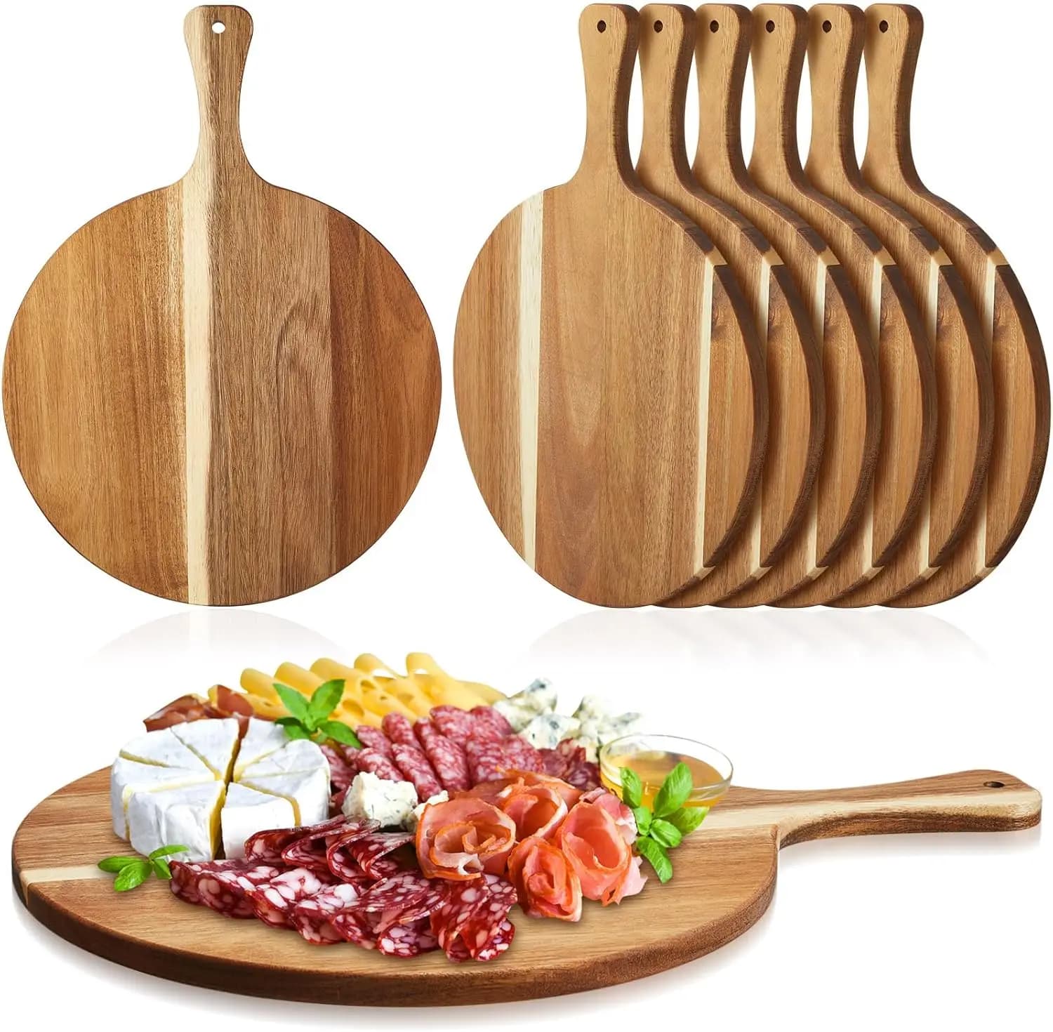 Set of 6 Round Tables in Acacia Wood, Thickness 0,6 Inches, with Handle, Large Sizes in Wood for Welding and Cheese