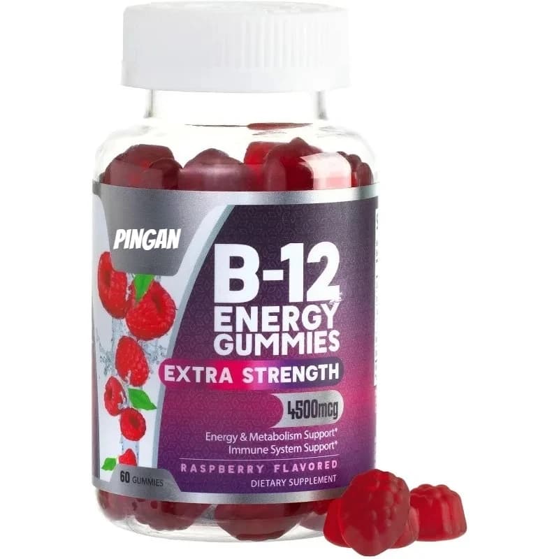 Vitamin B12 energy gullies - Natural energy and metabolic support - Gluten-free supplement, flavored with raspberry -60 gullies