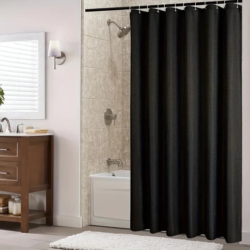 1pc Solid Black Bathroom Shower Curtain, Bathroom Decor, Shower Curtain with Rings, Bathroom Partition, Room Decoration