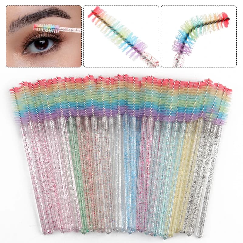 50pcs Glitter Crystal Handle Disposable Rainbow Lash Wands Mascara Brushes Eyelash Extension Makeup Brow Grooming Spoolie Brush