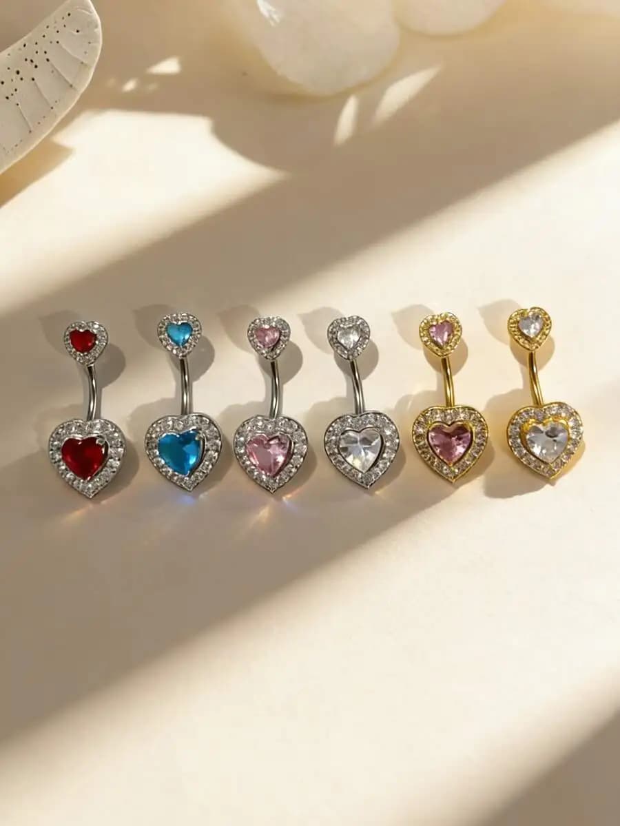 Anello per ombelico a forma di cuore in acciaio inossidabile con strass di cristallo, perfetto per eventi casual, festival e a tema