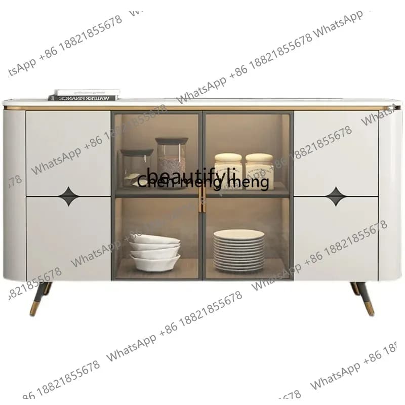 LHY26 ss Credenza con pannello in pietra italiana, mobiletto minimalista per sala da pranzo con anta in vetro, armadietto da parete per soggiorno e ingresso