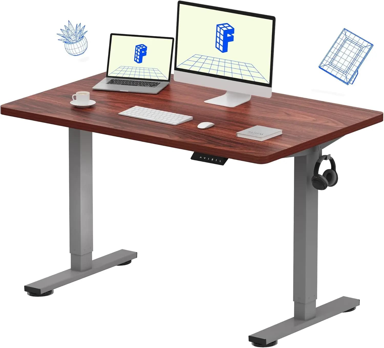 Electric Standing Desk, One-Piece Design, Height Adjustable with 4 Memory Presets, 176 lbs Load Capacity, Stable & Quiet, Seamless Desktop for Home Office & Dual Monitors, 48"x30", Mahogany Desktop with Silver Frame