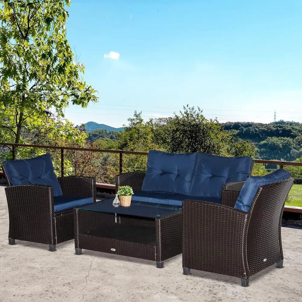 Set di mobili da giardino per esterni in 4 pezzi con cuscini, sedie in vimini di rattan PE, blu