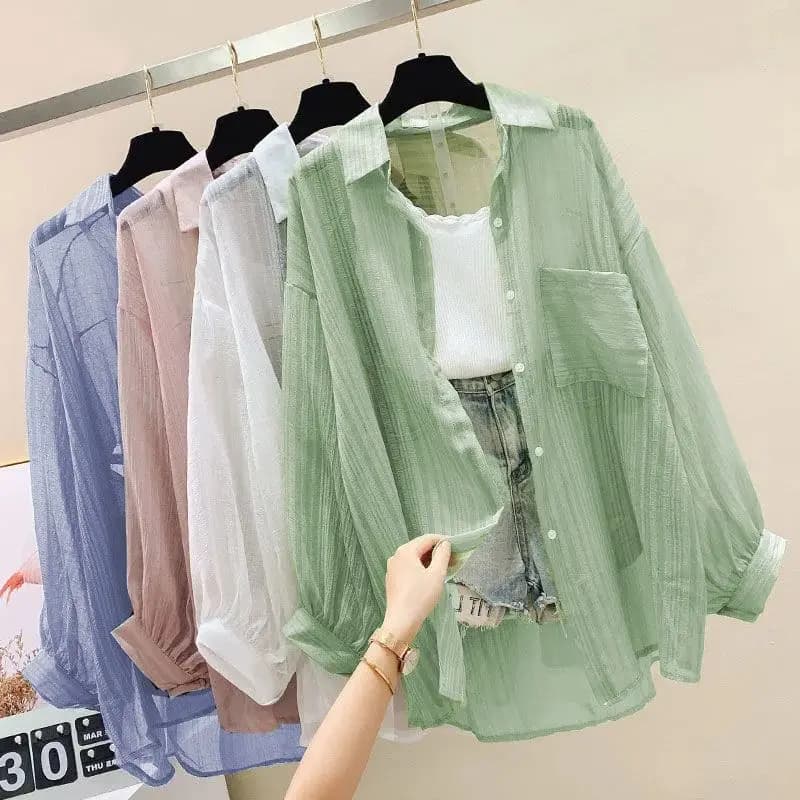 Summer Chiffon Sunscreen Shirt Women Korean Elegant Thin Long Sleeve Lapel See Through Blouse Y2K Loose Pure All Match Top
