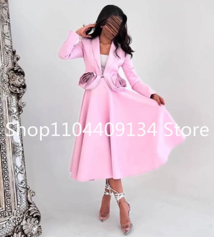 Pink Tea-length Saudi Prom Dresses Long Sleeve Blouse 3D Floal Ruched Skirt Middle East Evening Gown Jersey Bespoke Customsize
